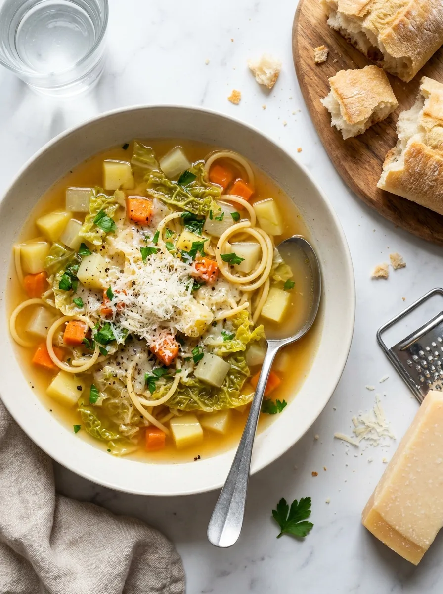 Gordon Ramsay minestrone soup with potato carrot cabbage spaghetti and Parmesan