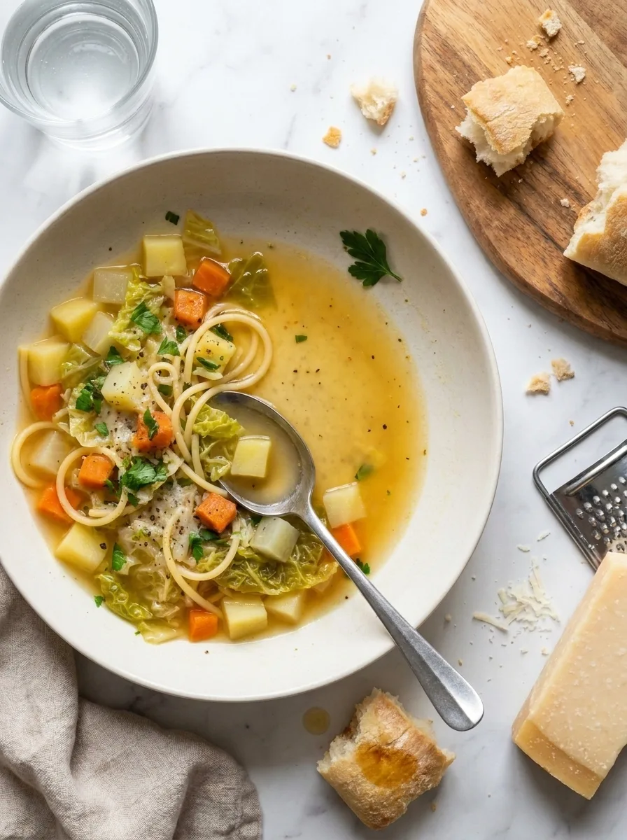 Gordon Ramsay quick minestrone soup half eaten with ciabatta bread and Parmesan
