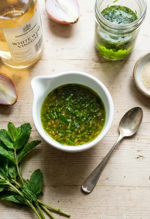 Gordon Ramsay mint sauce with chopped mint and shallot in a white pouring jug