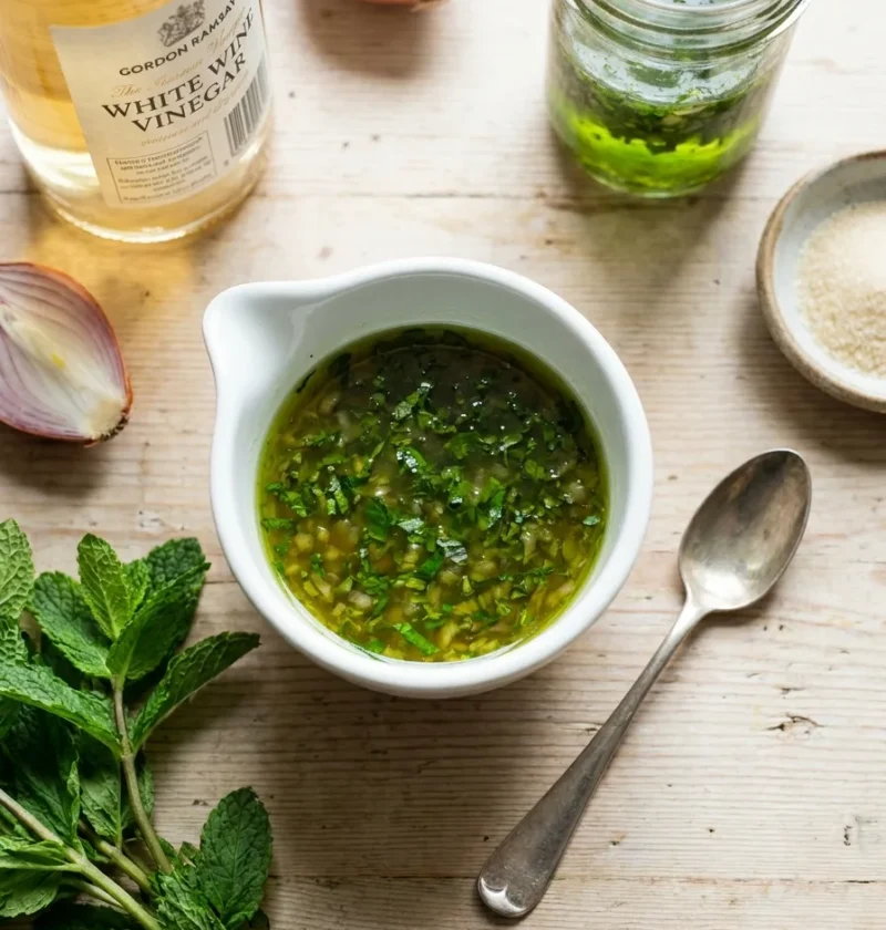 Gordon Ramsay mint sauce with chopped mint and shallot in a white pouring jug