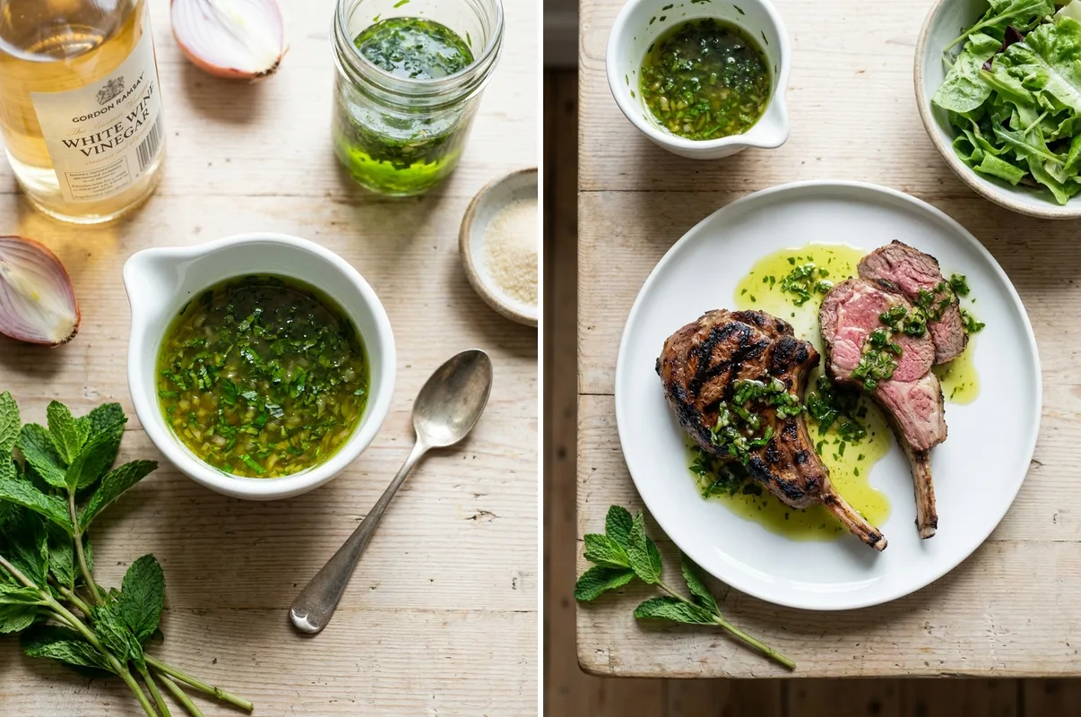 Gordon Ramsay mint sauce in jug and drizzled over charred lamb chops