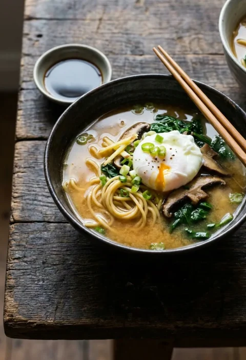 Gordon Ramsay miso soup with poached egg noodles shiitake and spinach