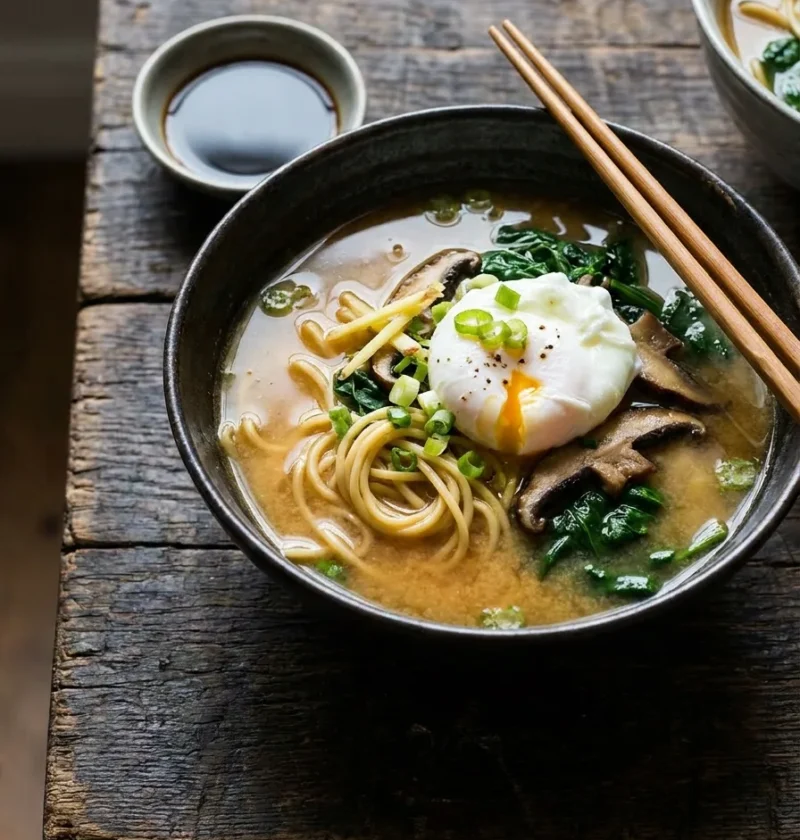 Gordon Ramsay miso soup with poached egg noodles shiitake and spinach
