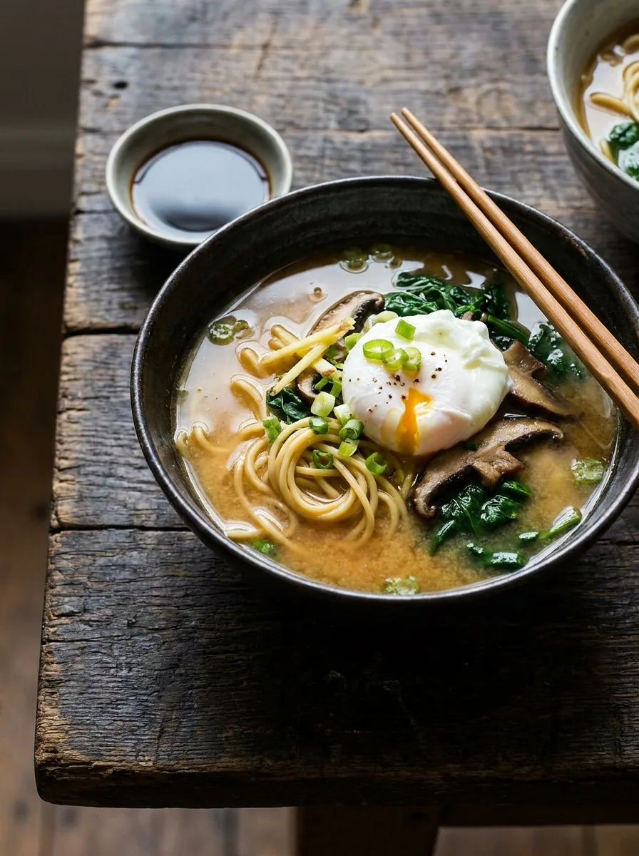 Gordon Ramsay miso soup with poached egg noodles shiitake and spinach
