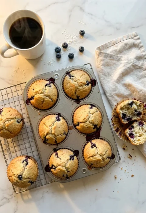 Gordon Ramsay blueberry muffins with domed tops and burst berries in a muffin tin fresh from the oven