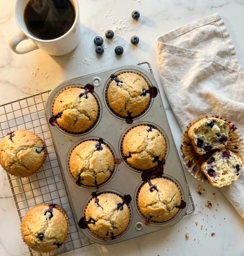 Gordon Ramsay blueberry muffins with domed tops and burst berries in a muffin tin fresh from the oven