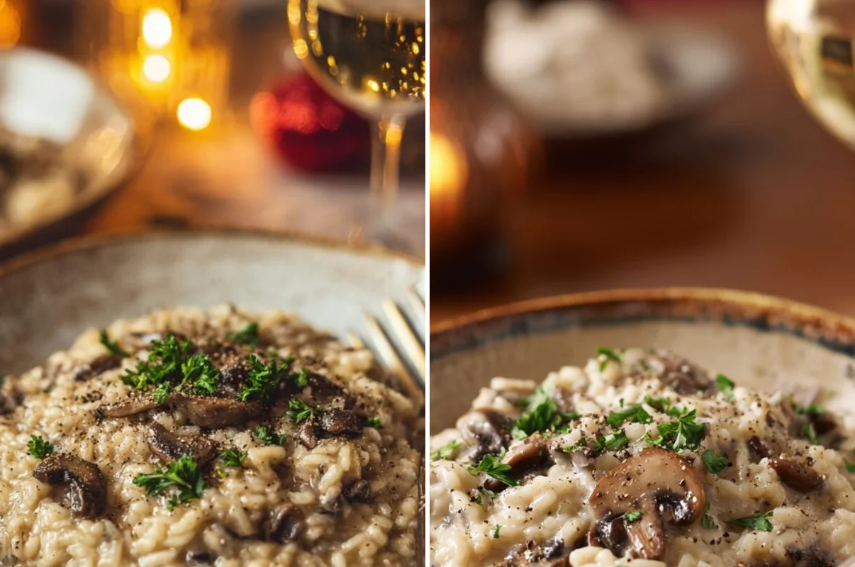 Two servings of Gordon Ramsay mushroom risotto in different bowls showing creamy rice and sautéed wild mushrooms
