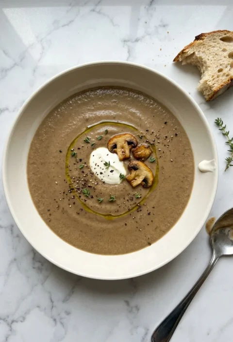 Gordon Ramsay mushroom soup with creme fraiche sauteed mushrooms and thyme