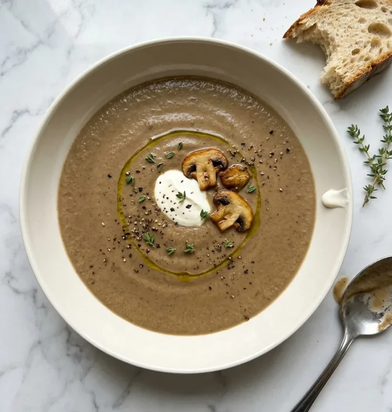Gordon Ramsay mushroom soup with creme fraiche sauteed mushrooms and thyme