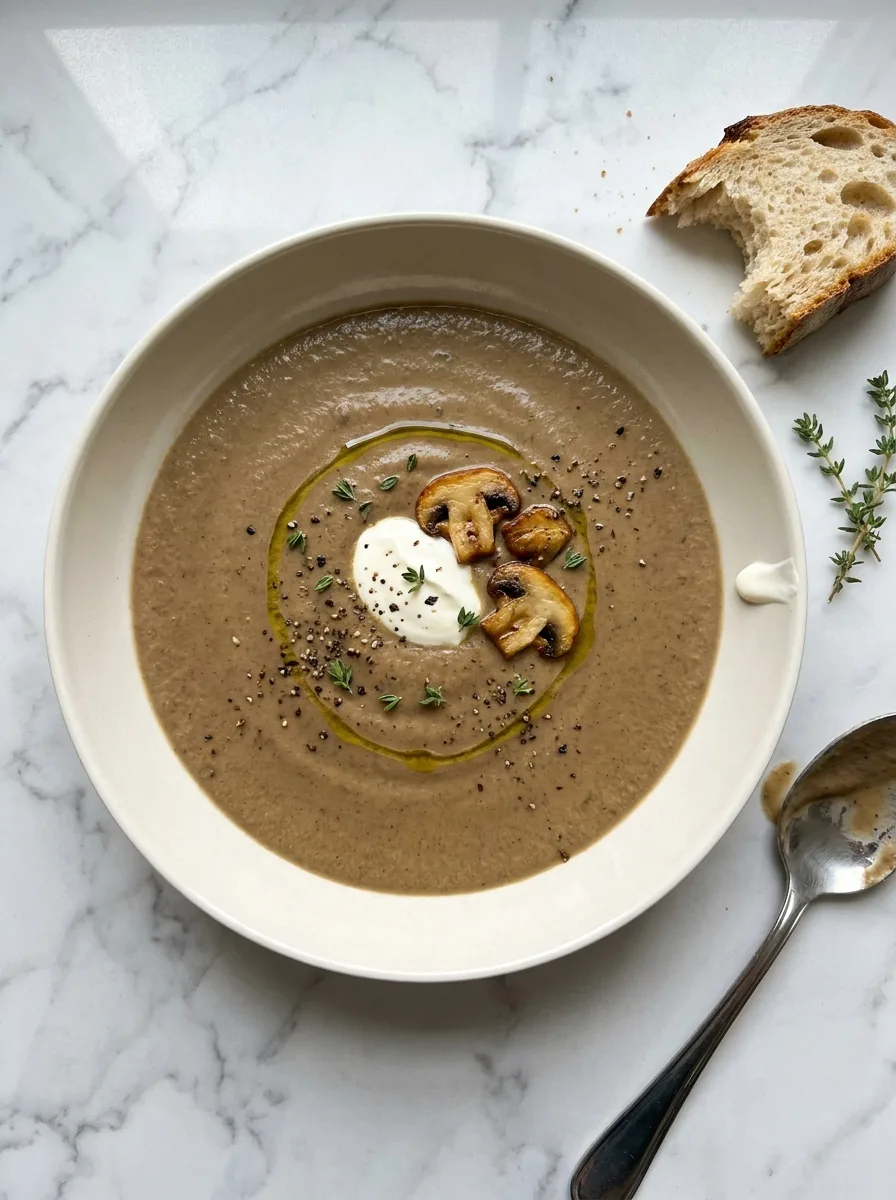 Gordon Ramsay mushroom soup with creme fraiche sauteed mushrooms and thyme