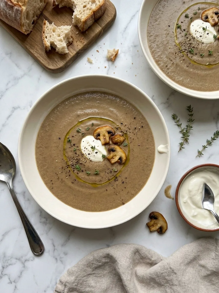 Gordon Ramsay cream of mushroom soup served with sourdough bread for two