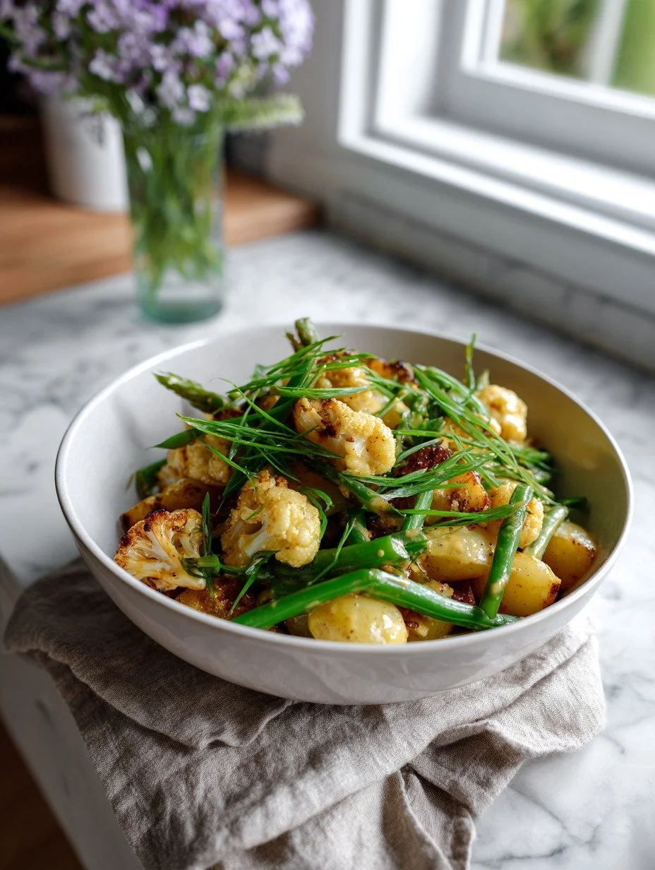 New potato salad with blanched cauliflower green beans and spring onions
