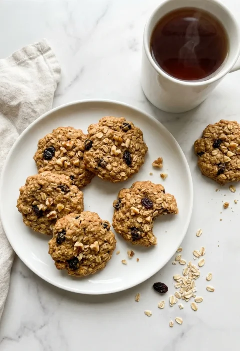Gordon Ramsay oatmeal cookies made with rolled oats peanut butter honey raisins and walnuts on a white plate
