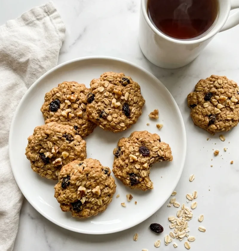 Gordon Ramsay oatmeal cookies made with rolled oats peanut butter honey raisins and walnuts on a white plate