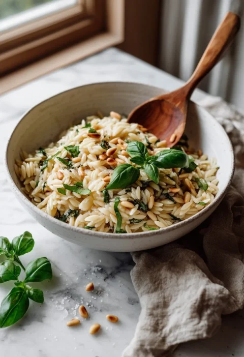 Gordon Ramsay orzo pasta salad with basil pine nuts and Parmesan in a bowl