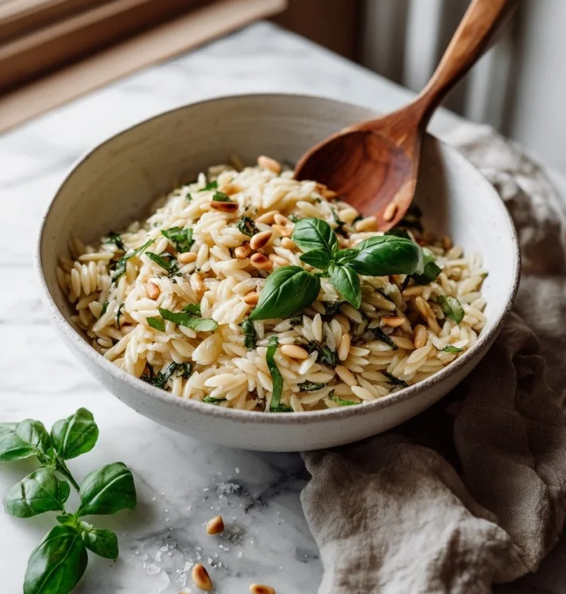 Gordon Ramsay orzo pasta salad with basil pine nuts and Parmesan in a bowl