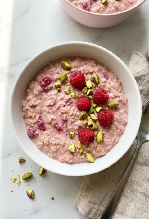 Gordon Ramsay overnight oats with pink raspberry tinted porridge oats topped with fresh raspberries and chopped pistachios in a white bowl