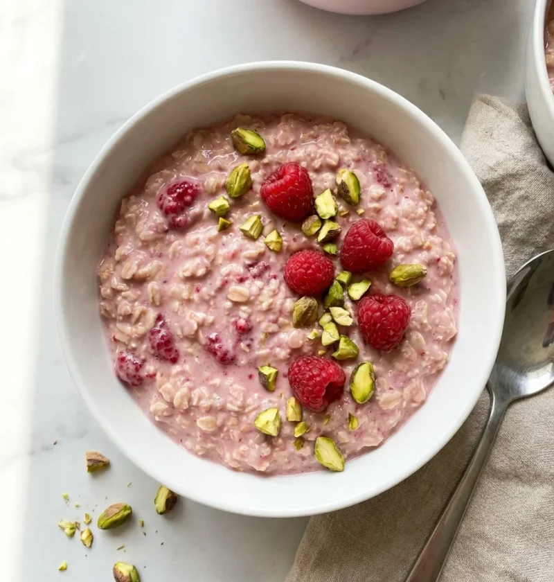 Gordon Ramsay overnight oats with pink raspberry tinted porridge oats topped with fresh raspberries and chopped pistachios in a white bowl