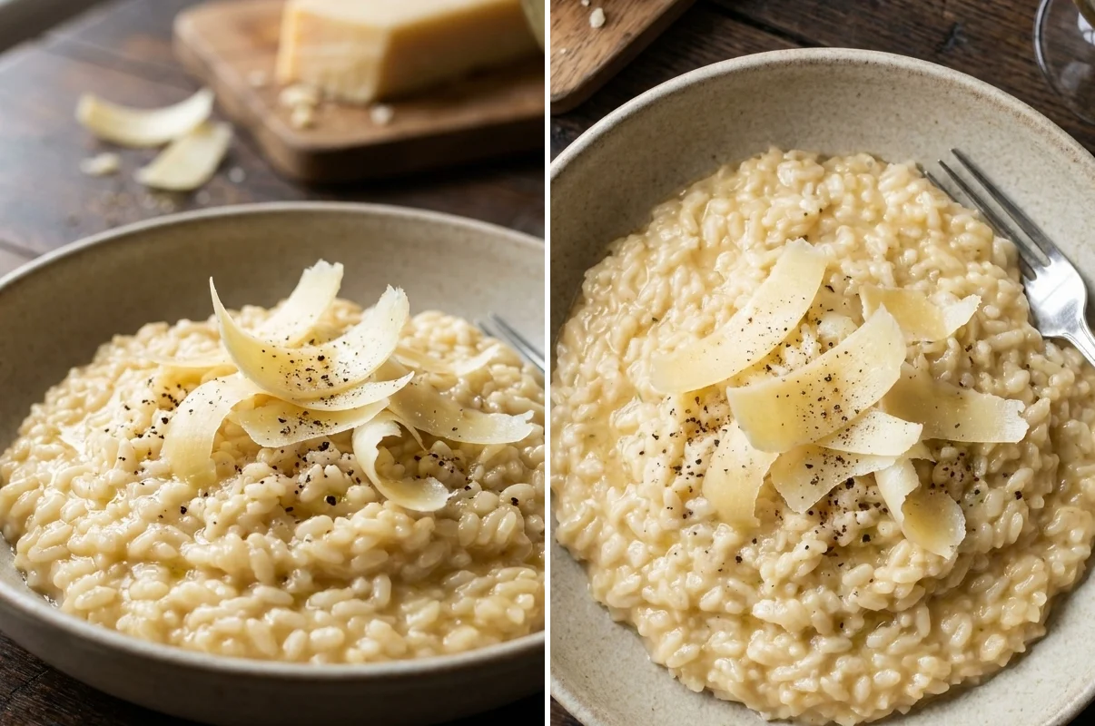 Two views of Parmesan risotto showing creamy golden rice with cheese shavings