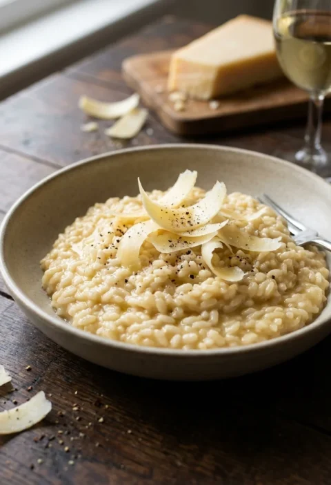 Gordon Ramsay Parmesan risotto with Parmesan shavings and black pepper in a stoneware bowl