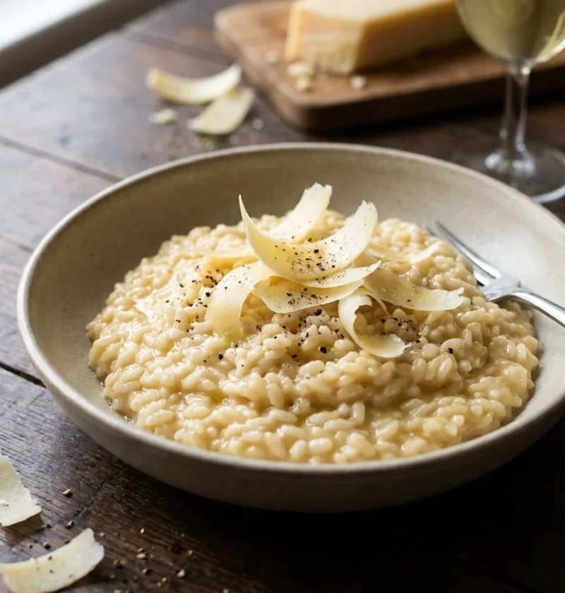 Gordon Ramsay Parmesan risotto with Parmesan shavings and black pepper in a stoneware bowl