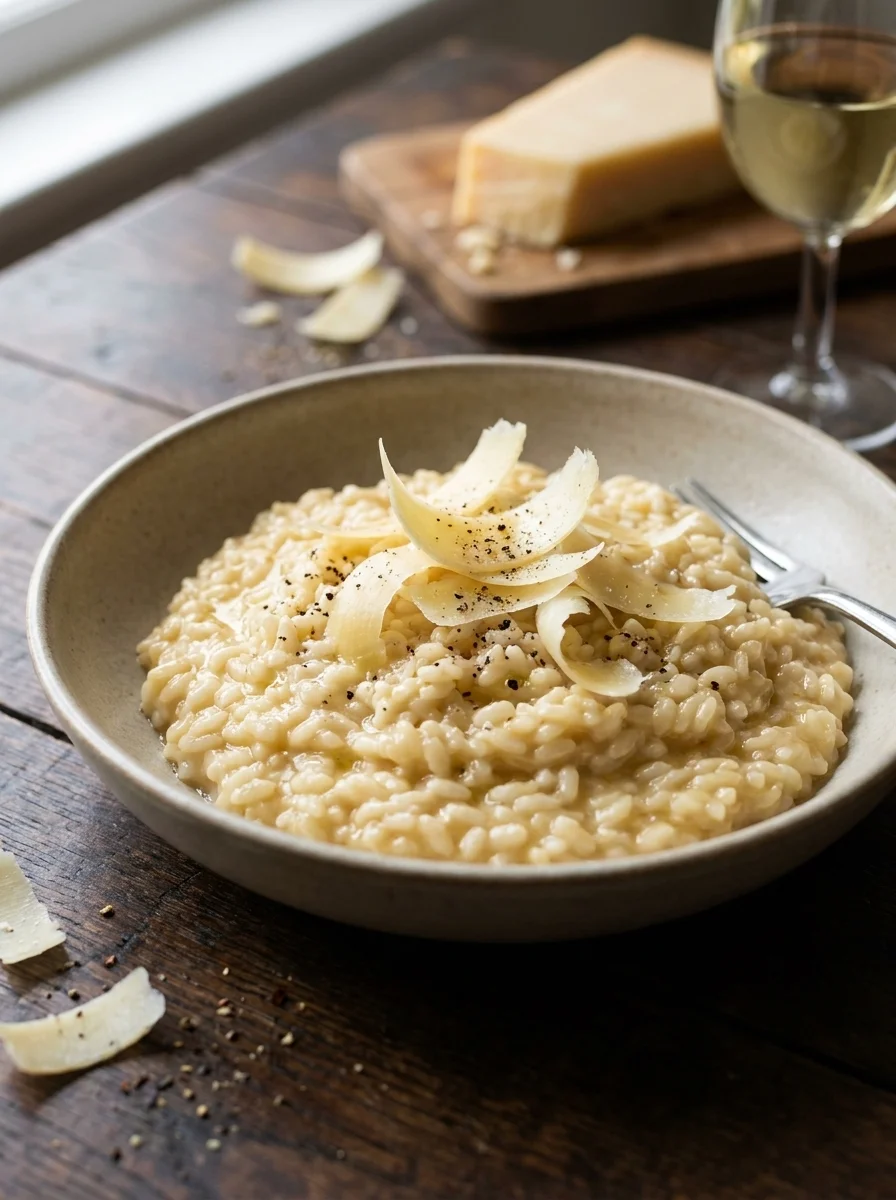 Gordon Ramsay Parmesan risotto with Parmesan shavings and black pepper in a stoneware bowl