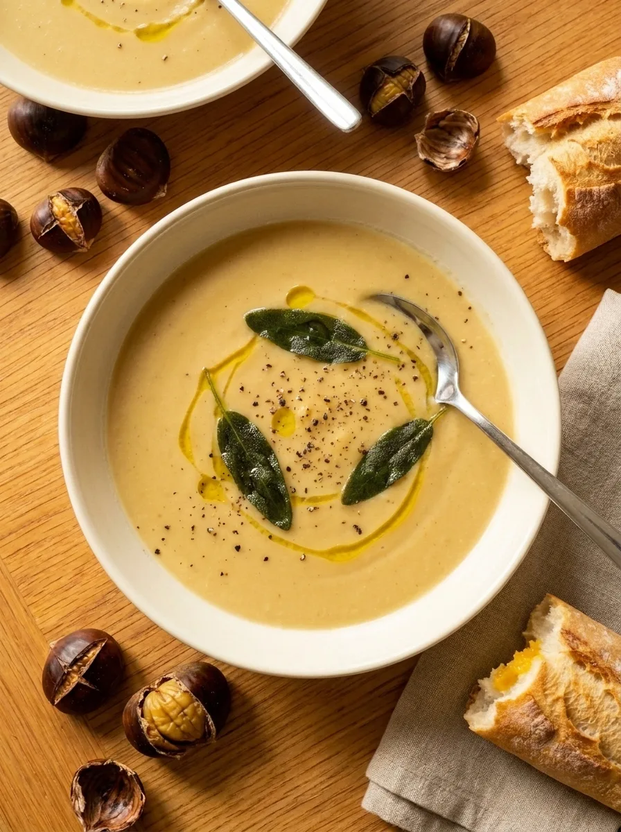 Gordon Ramsay parsnip and chestnut soup mid meal with torn bread