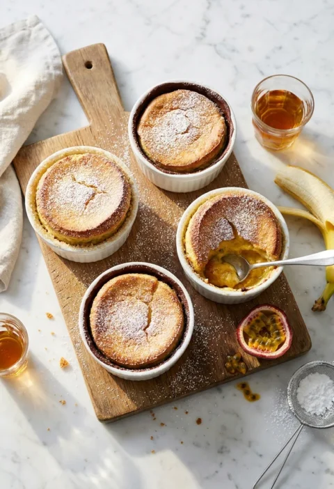 Gordon Ramsay passion fruit and banana souffle risen above ramekins with icing sugar on a wooden board