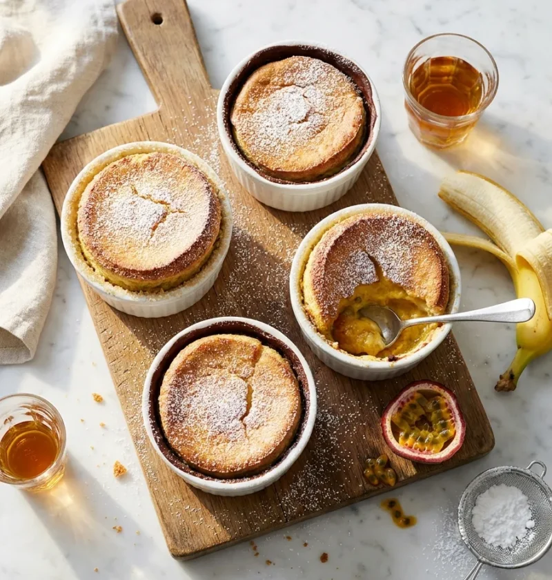 Gordon Ramsay passion fruit and banana souffle risen above ramekins with icing sugar on a wooden board