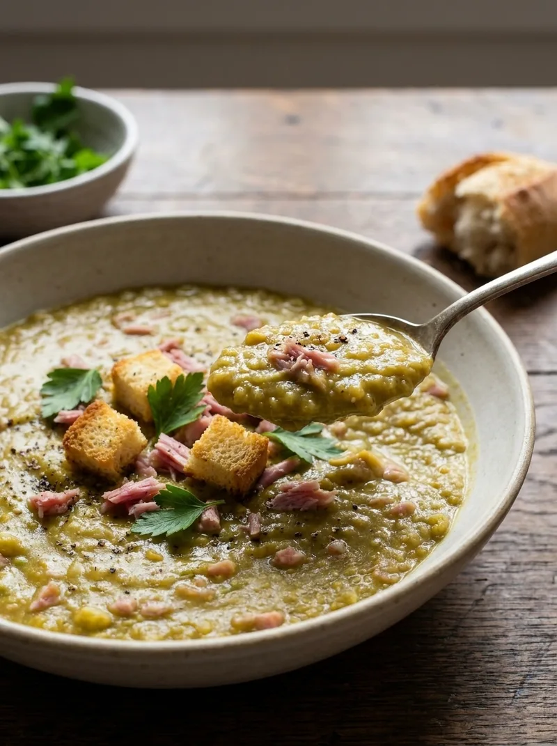 Close-up of pea and ham soup with spoon showing thick texture and ham chunks