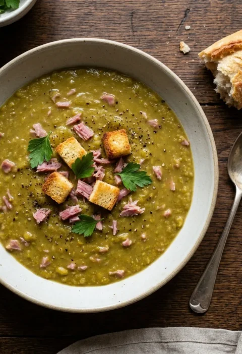 Overhead of thick pea and ham soup with shredded ham, golden croutons and flat-leaf parsley