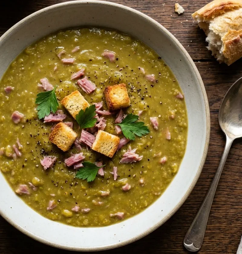 Overhead of thick pea and ham soup with shredded ham, golden croutons and flat-leaf parsley