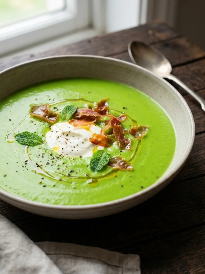 Close-up of pea and mint soup with prosciutto shards on vivid green purée