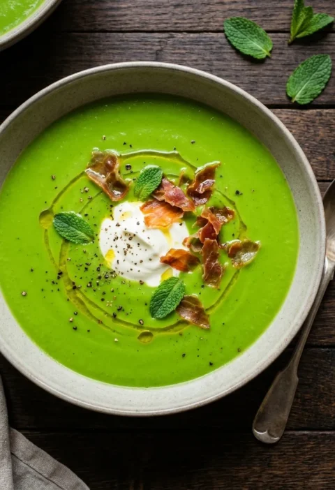 Bright green pea and mint soup with crème fraîche, crispy prosciutto and fresh mint leaves