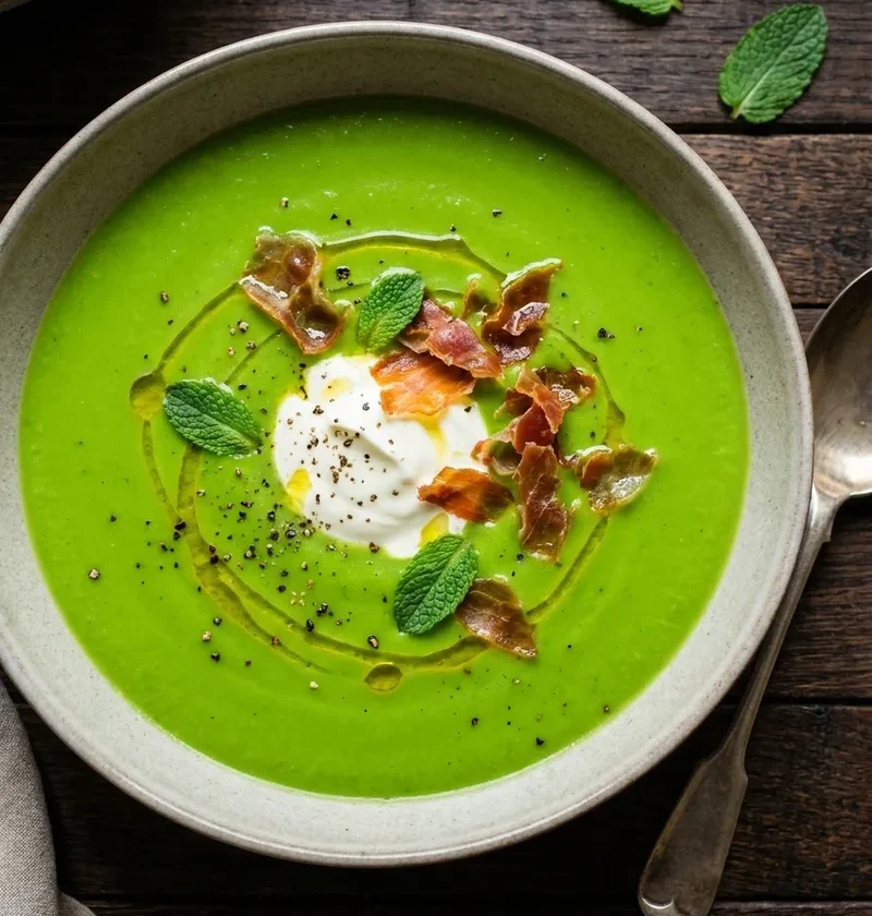 Bright green pea and mint soup with crème fraîche, crispy prosciutto and fresh mint leaves