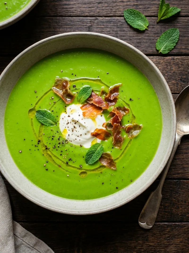 Bright green pea and mint soup with crème fraîche and crispy prosciutto