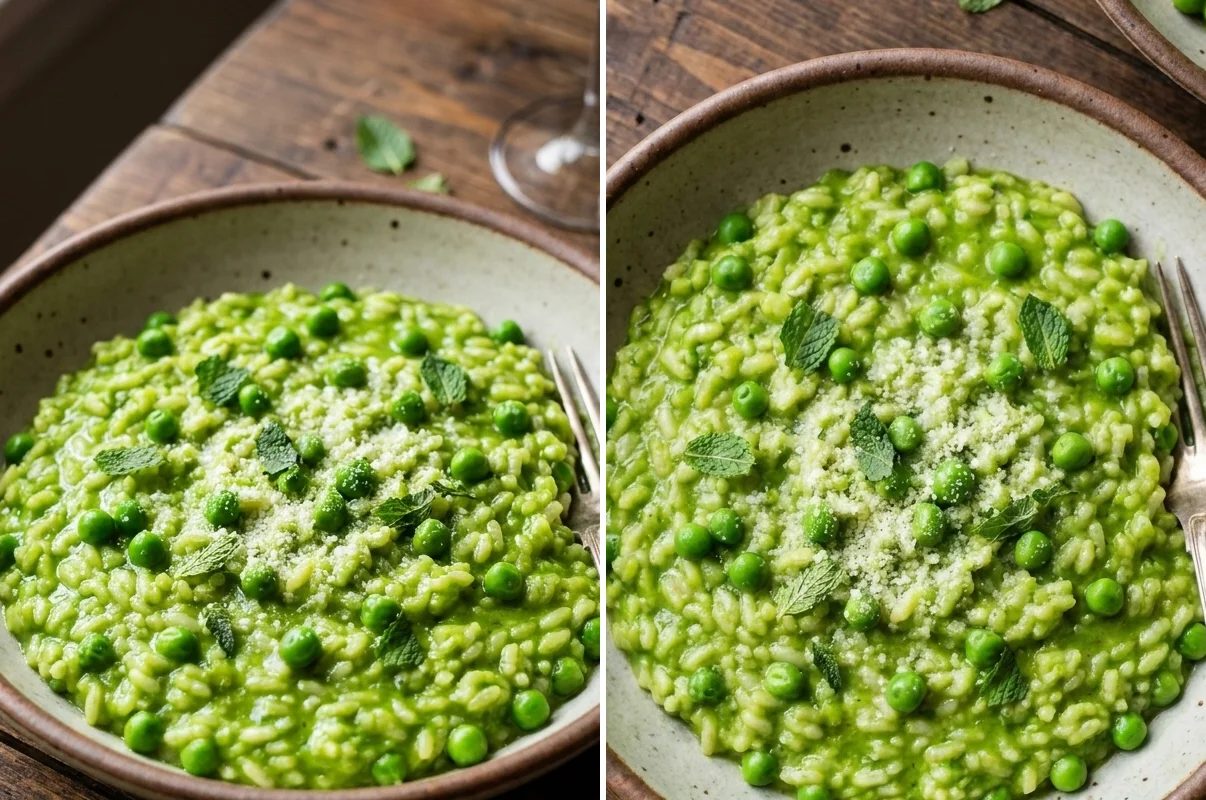 Two angles of pea risotto showing vivid green rice with whole peas and mint