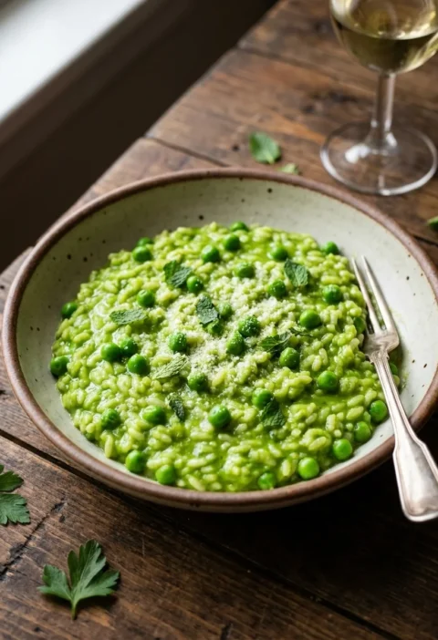 Gordon Ramsay pea risotto with bright green rice, whole peas, mint and Parmesan