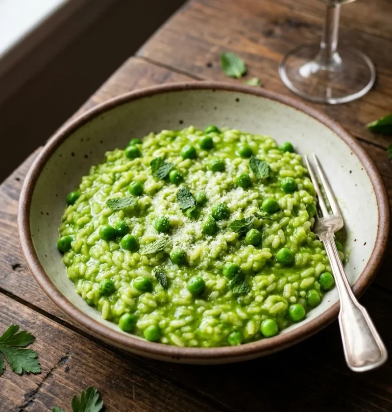 Gordon Ramsay pea risotto with bright green rice, whole peas, mint and Parmesan