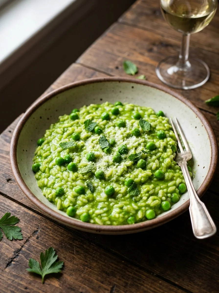 Gordon Ramsay pea risotto with bright green rice, whole peas, mint and Parmesan