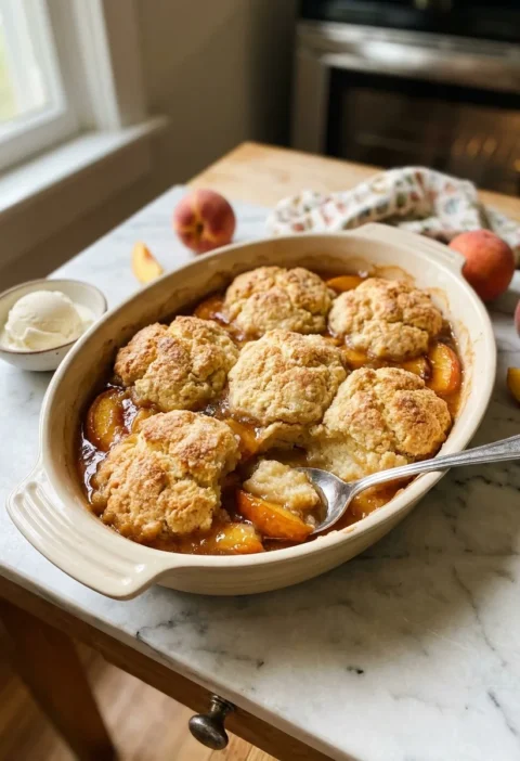 Gordon Ramsay peach cobbler in a cream baking dish, golden dropped-biscuit topping over bubbling roasted peaches, with vanilla ice cream melting beside it