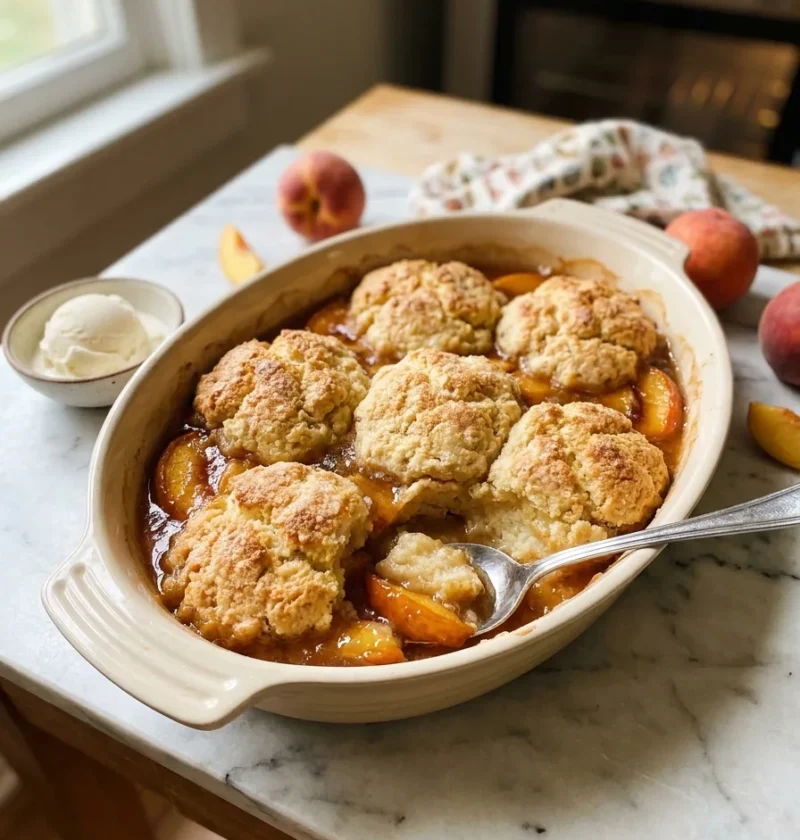 Gordon Ramsay peach cobbler in a cream baking dish, golden dropped-biscuit topping over bubbling roasted peaches, with vanilla ice cream melting beside it