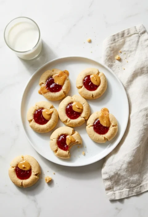 Gordon Ramsay peanut butter and jam thumbprint cookies filled with raspberry jam and peanut butter on a white plate