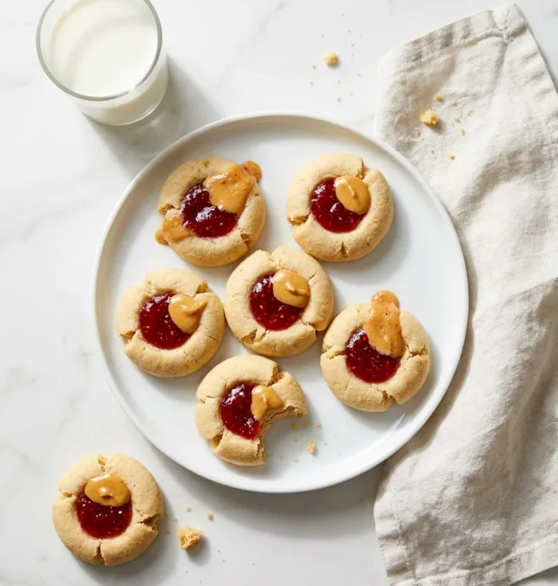 Gordon Ramsay peanut butter and jam thumbprint cookies filled with raspberry jam and peanut butter on a white plate