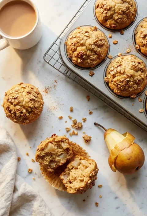 Gordon Ramsay pear and granola muffins with crunchy topping torn open showing soft pear pieces inside
