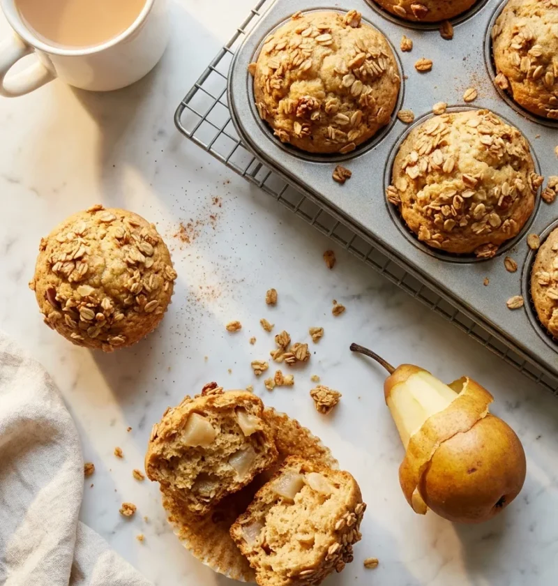 Gordon Ramsay pear and granola muffins with crunchy topping torn open showing soft pear pieces inside