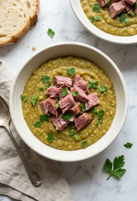 Gordon Ramsay pease pudding with ham hock in a bowl showing thick split pea puree topped with flaked smoked ham and chopped parsley served with crusty bread