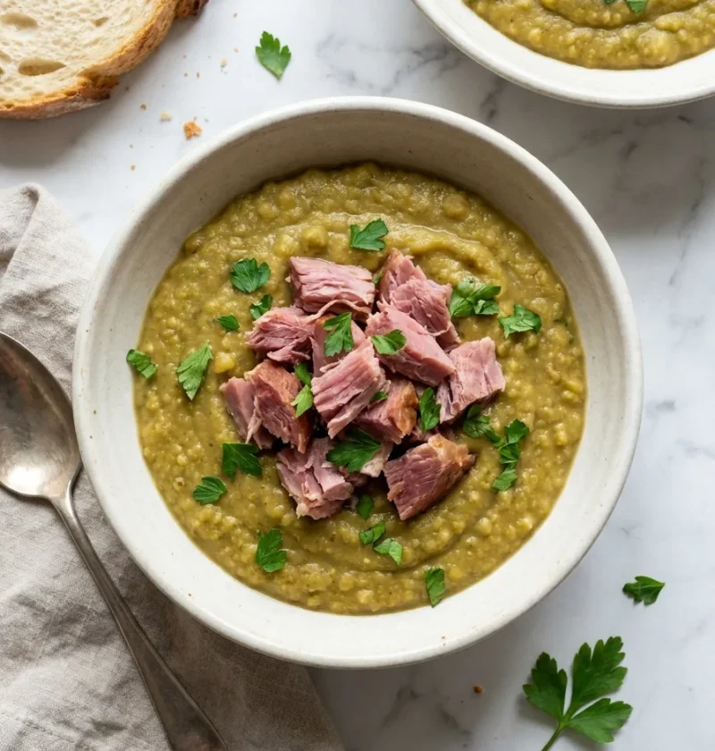 Gordon Ramsay pease pudding with ham hock in a bowl showing thick split pea puree topped with flaked smoked ham and chopped parsley served with crusty bread
