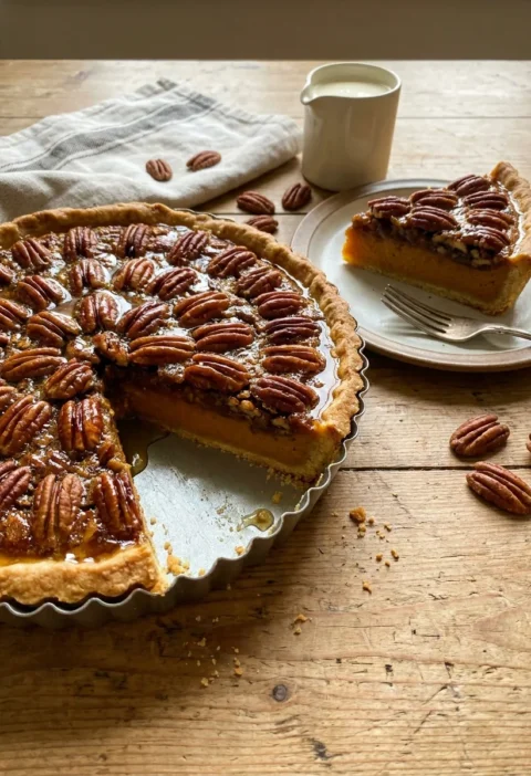 Gordon Ramsay pecan pie in a fluted flan tin on a wooden table, sliced to show the two layers of orange sweet potato filling and gooey pecan topping in a cinnamon crust