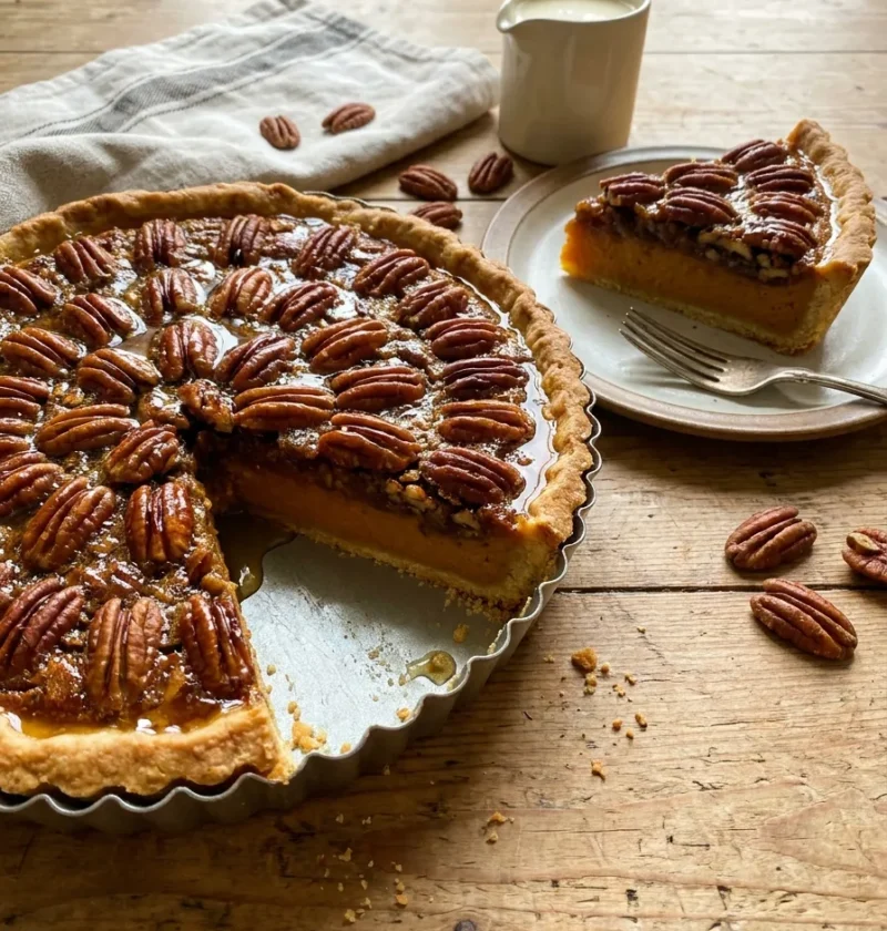 Gordon Ramsay pecan pie in a fluted flan tin on a wooden table, sliced to show the two layers of orange sweet potato filling and gooey pecan topping in a cinnamon crust